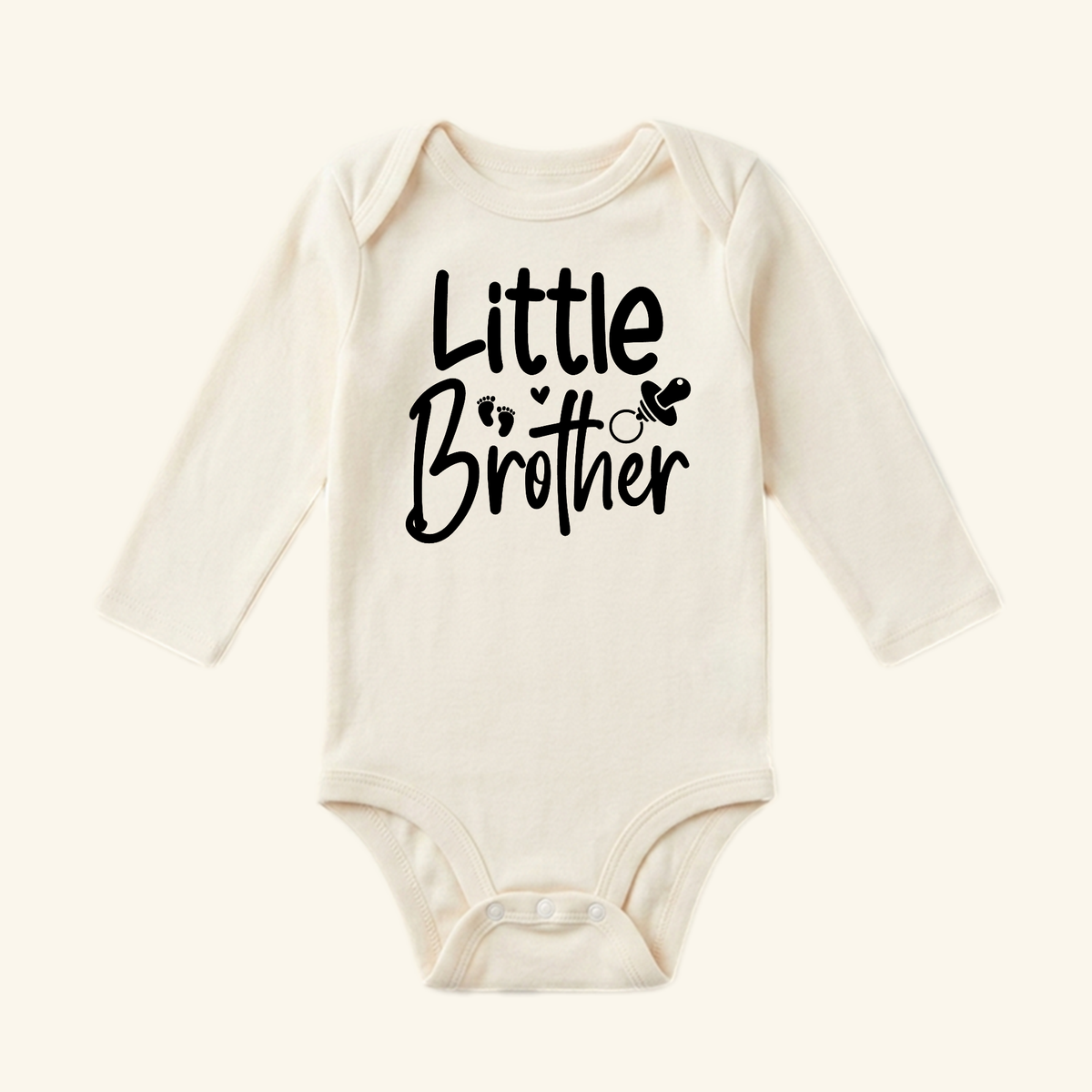 Little Brother Baby Onesie – Sibling Bodysuit with long sleeves, featuring two tiny footprints, a heart, and a pacifier graphic on the chest.