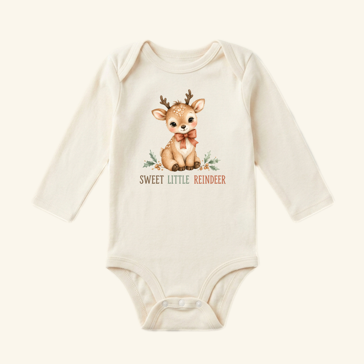 The Toodleroos Christmas Reindeer Baby Onesie – Sweet Little Reindeer Bodysuit features a cute reindeer print and long sleeves—perfect for holiday gifting!.