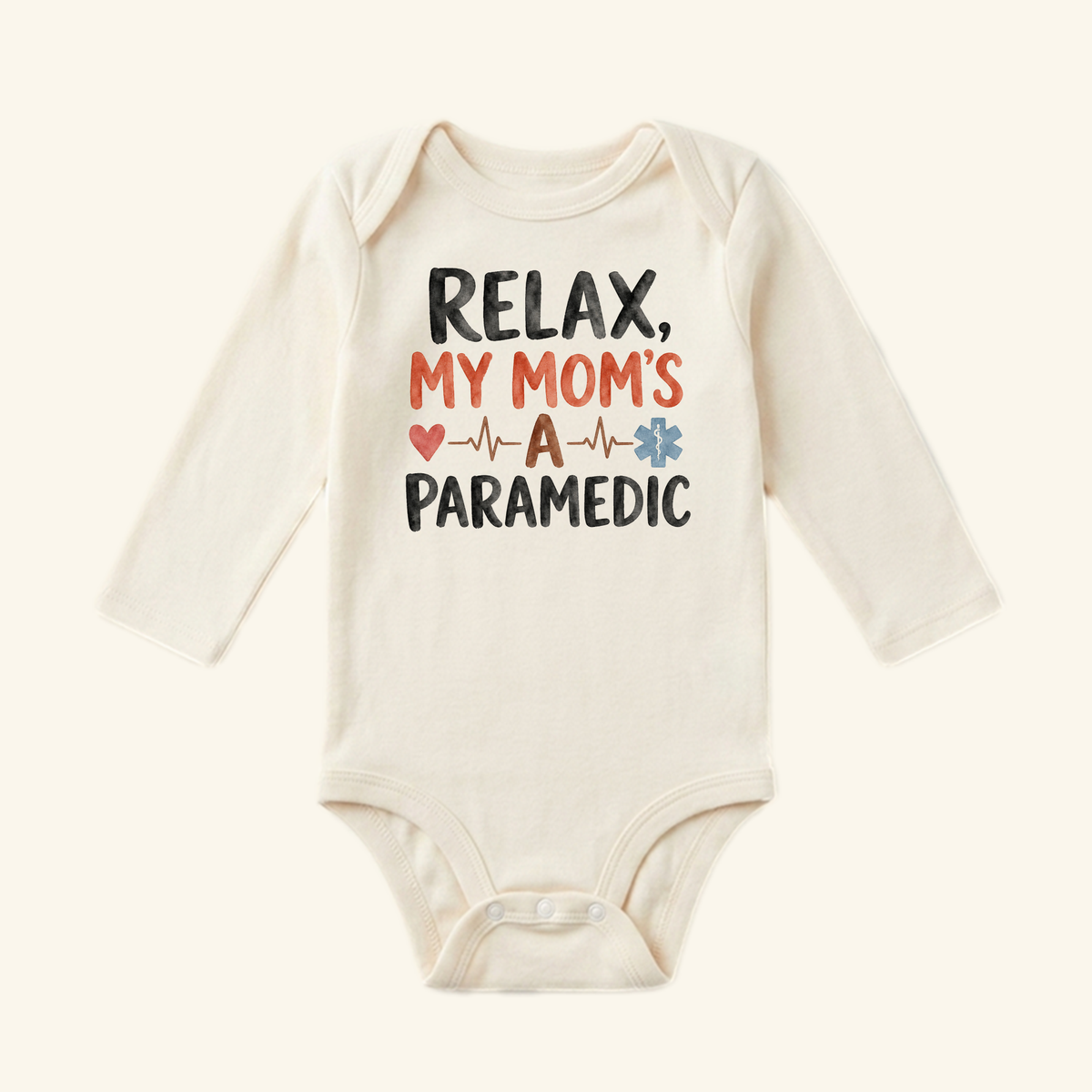 Toodleroos Paramedic Mom Baby Onesie – Relax My Mom’s a Paramedic Bodysuit featuring a heartbeat line, a heart, and a star of life symbol.