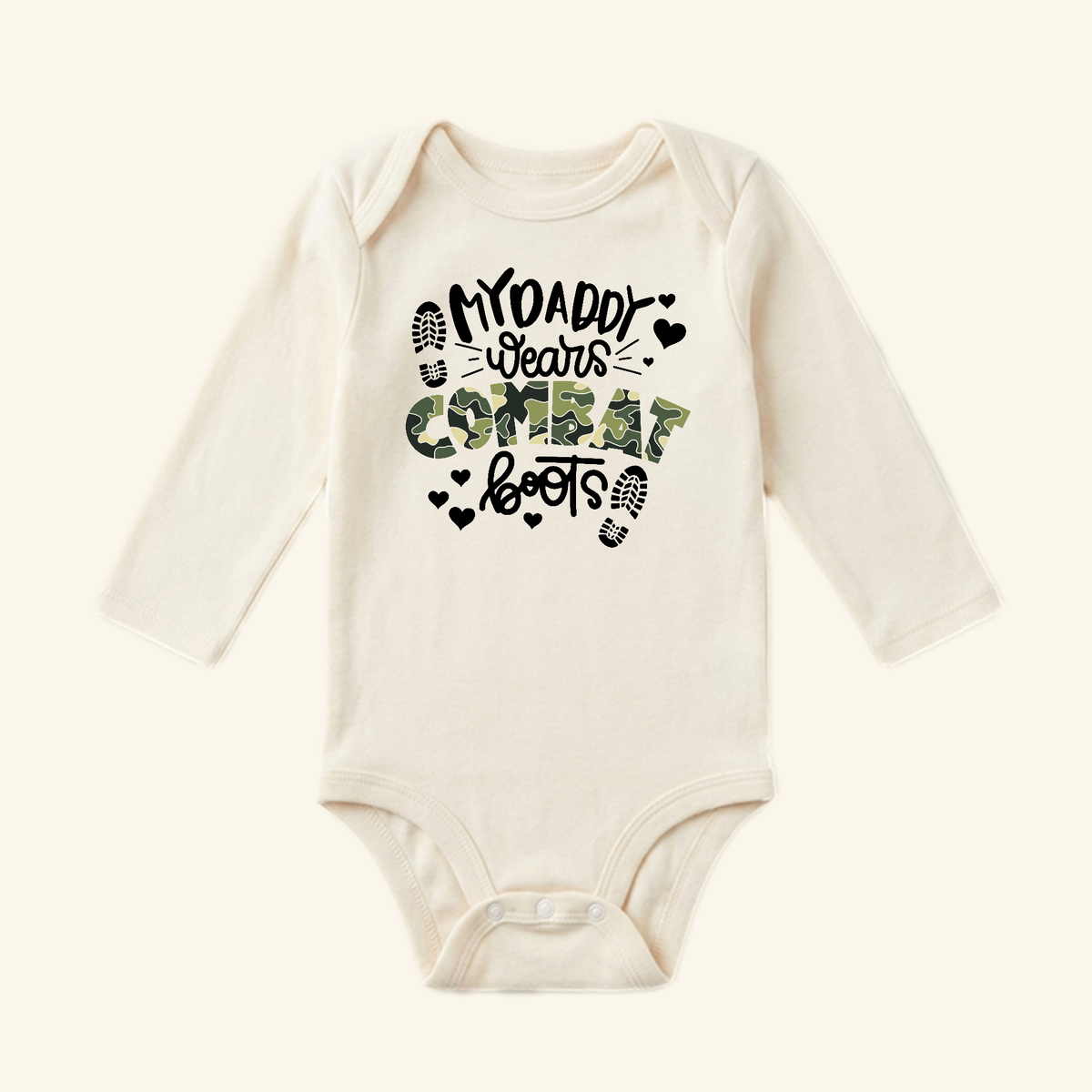 Toodleroos Military Baby Onesie – My Daddy Wears Combat Boots bodysuit, featuring camo-patterned lettering and small boot print icons.