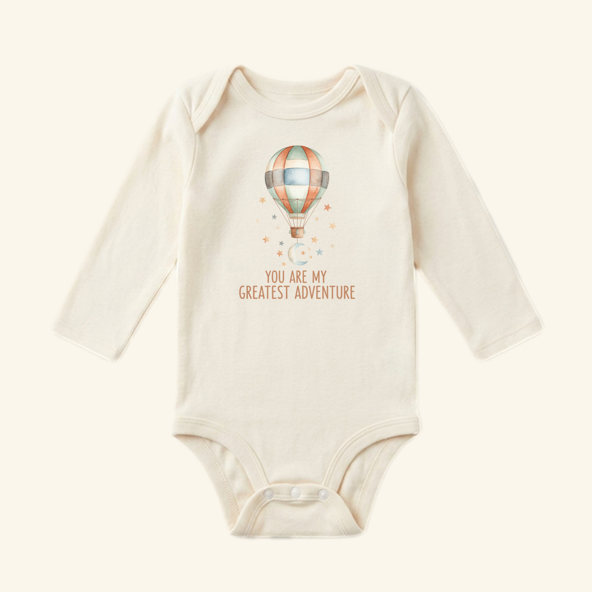 Long-sleeved You Are My Greatest Adventure Baby Onesie – Hot Air Balloon Bodysuit featuring a hot air balloon, a crescent moon, and stars above the text YOU ARE MY GREATEST ADVENTURE.