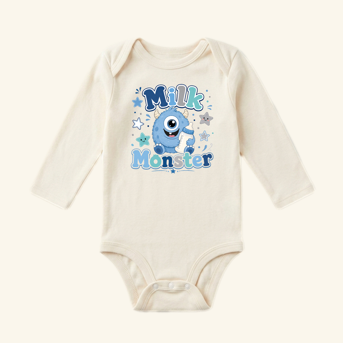 Funny Baby Onesie – Milk Monster Bodysuit featuring a blue monster holding a baby bottle surrounded by stars.