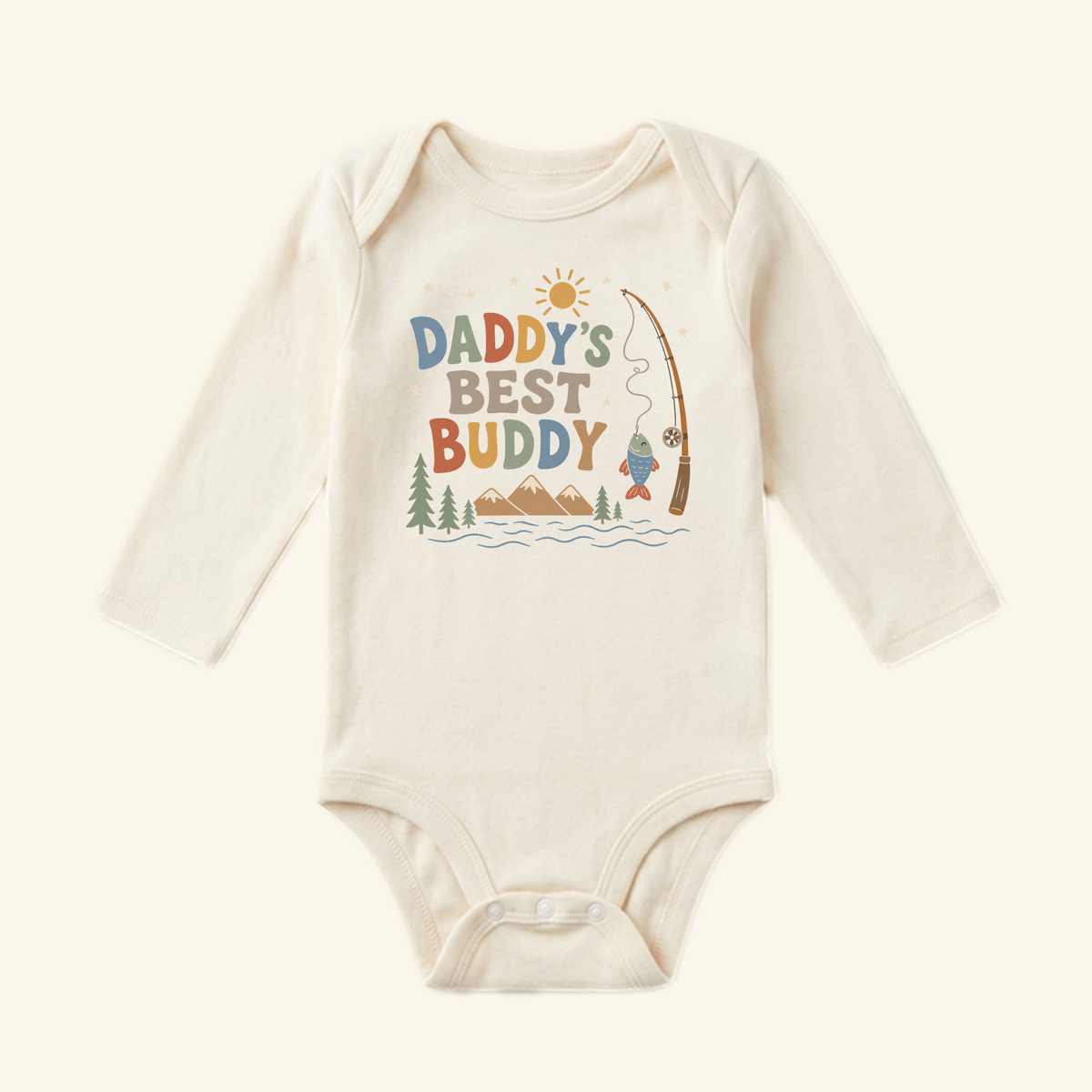 Daddy’s Best Buddy Baby Onesie – Fishing Bodysuit featuring a graphic of mountains, a fishing rod with a fish, and the text Daddy’s Best Buddy.