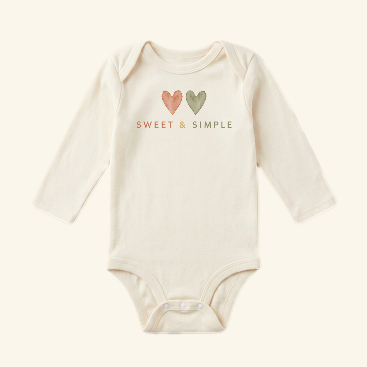 Toodleroos Gender-Neutral Baby Onesie – Sweet & Simple Heart Bodysuit featuring two watercolor hearts and the text SWEET & SIMPLE printed on the chest.