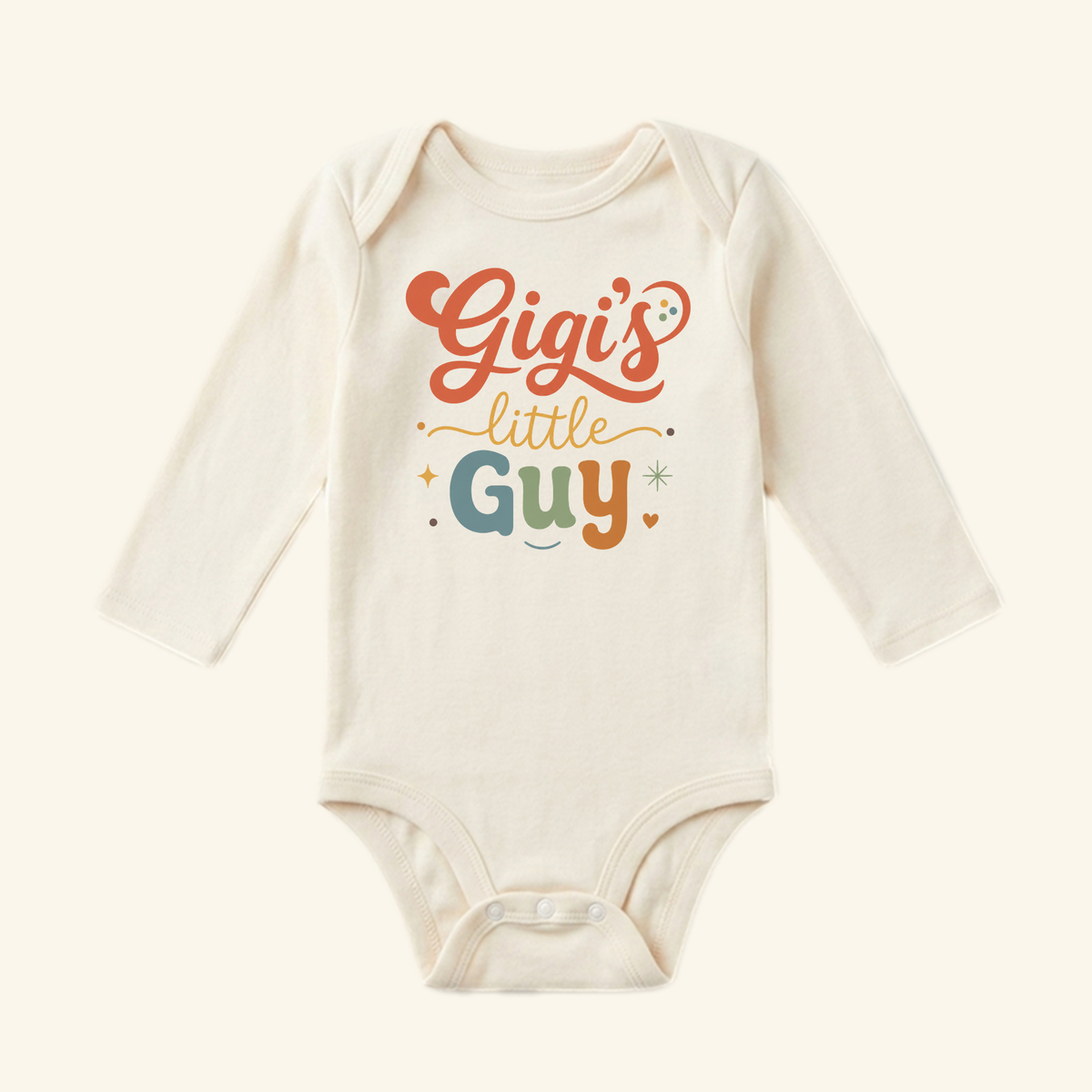 The Toodleroos Gigi’s Little Guy Baby Onesie – Grandson Bodysuit features Gigis little Guy in orange, yellow, and teal with hearts and stars—a perfect baby shower gift.