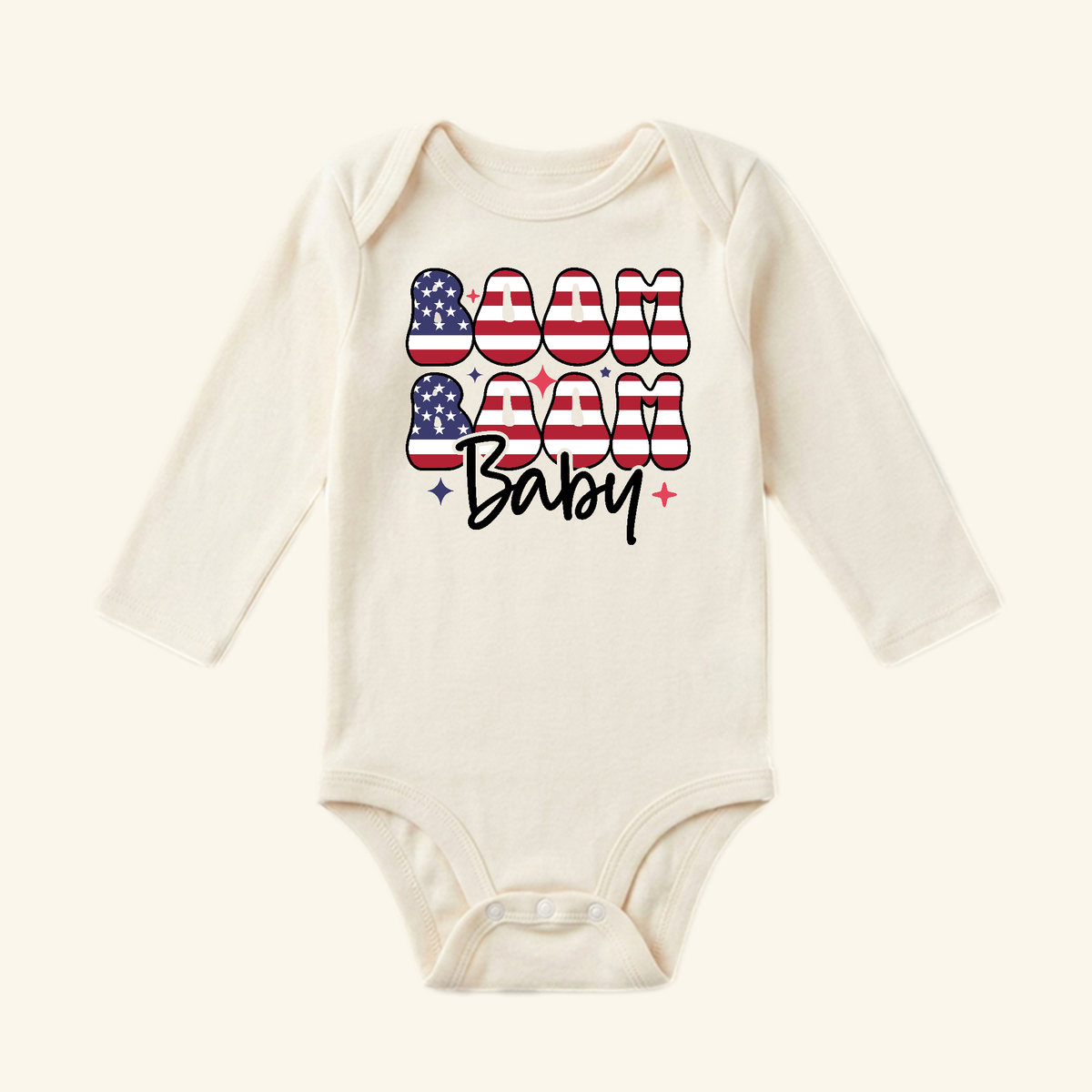 4th of July Baby Onesie – Boom Boom Baby Patriotic Bodysuit with long sleeves and BOOM BOOM Baby printed on the chest in a red, white, and blue American flag pattern.