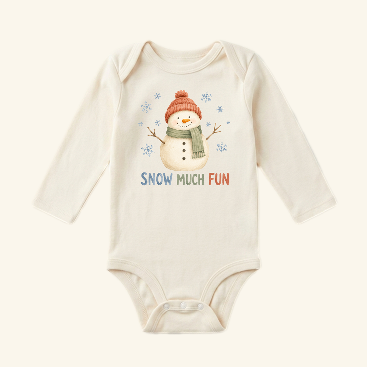 The Toodleroos Snowman Baby Onesie – Snow Much Fun Winter Bodysuit features a smiling snowman with hat and scarf, surrounded by snowflakes—perfect as a cozy baby winter outfit!.
