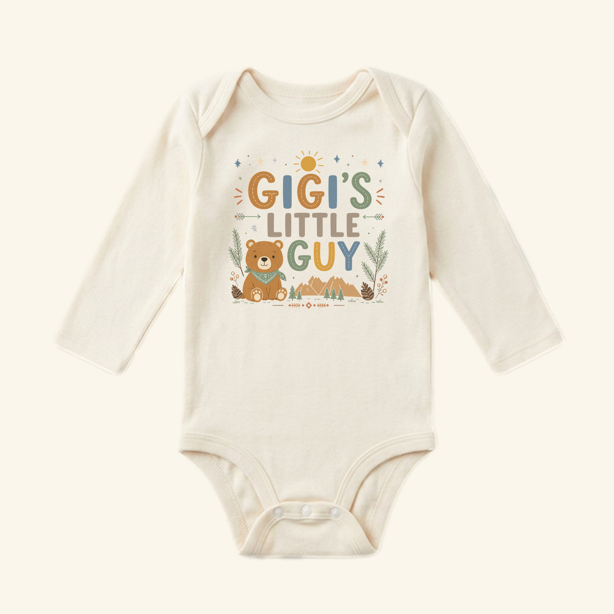 Toodleroos Gigi’s Little Guy Baby Onesie – Woodland Bear Bodysuit: a cream, long-sleeve outfit with Gigi’s Little Guy and bear design—perfect for grandsons or as a sweet Gigi baby gift.