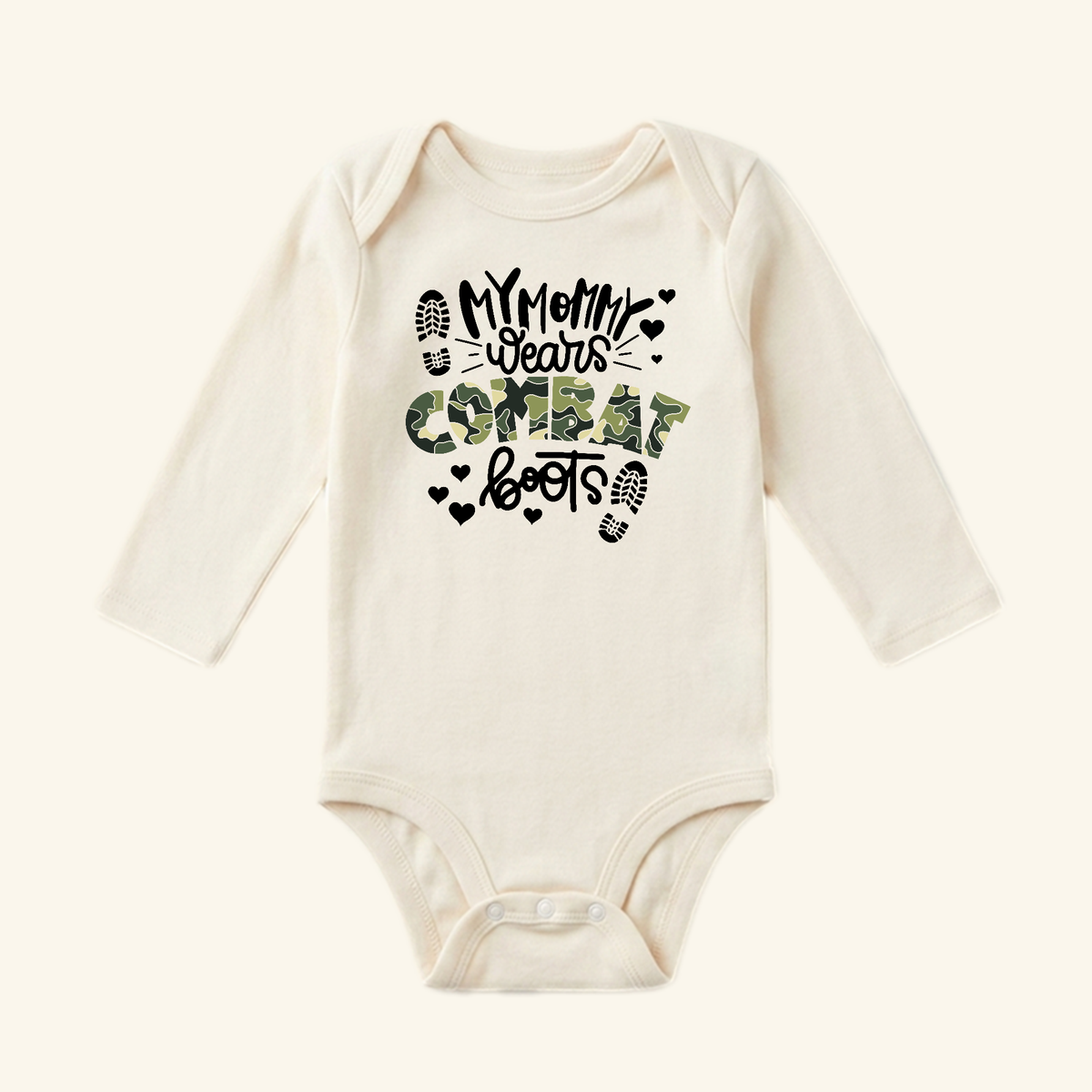 Toodleroos Military Baby Onesie – My Mommy Wears Combat Boots Bodysuit with black and camouflage lettering, accented by heart and boot icons.