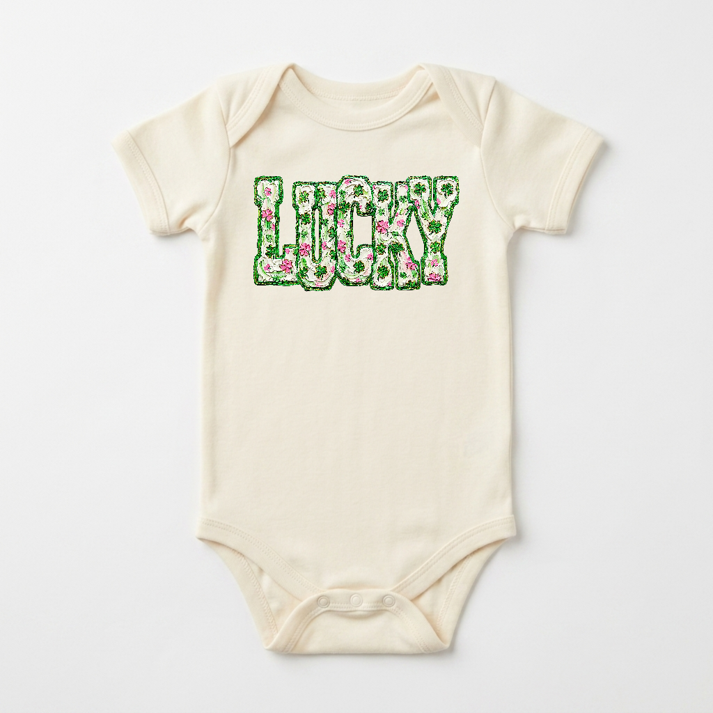 St. Patrick’s Day Baby Onesie – Lucky Floral Clover Short-Sleeve Bodysuit