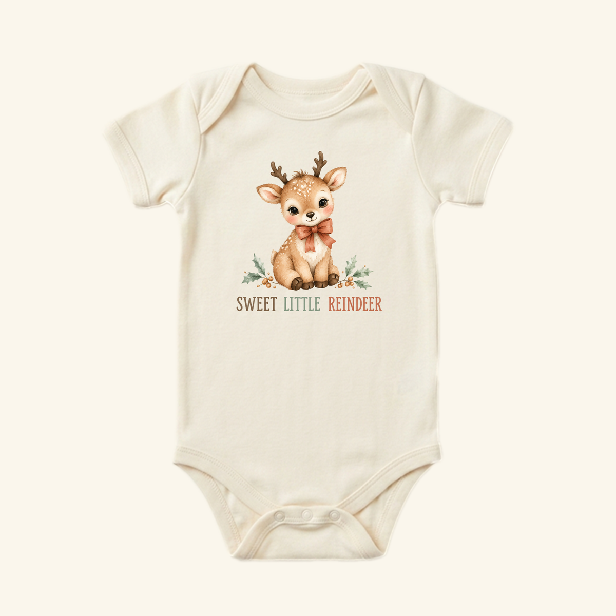 The Christmas Reindeer Baby Onesie – Sweet Little Reindeer Bodysuit by Toodleroos features a cute cream design with reindeer and floral accents—perfect as a festive baby gift.