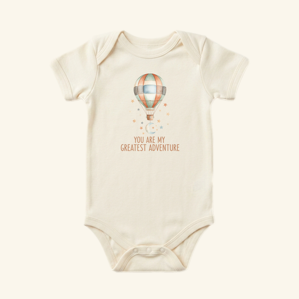 Toodleroos You Are My Greatest Adventure Baby Onesie – Hot Air Balloon Bodysuit featuring a watercolor crescent moon illustration and the text You are my greatest adventure.