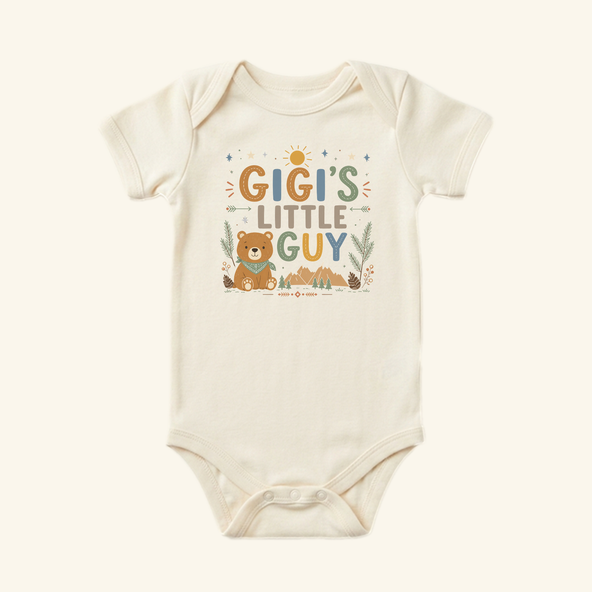 The Gigi’s Little Guy Baby Onesie – Woodland Bear Bodysuit by Toodleroos features a cute bear and nature theme—perfect Gigi onesie or grandson gift.