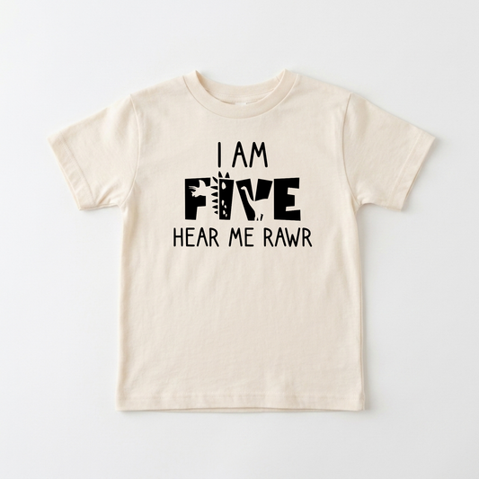 I Am Five Hear Me Rawr Kids Shirt β Dinosaur 5th Birthday Tee