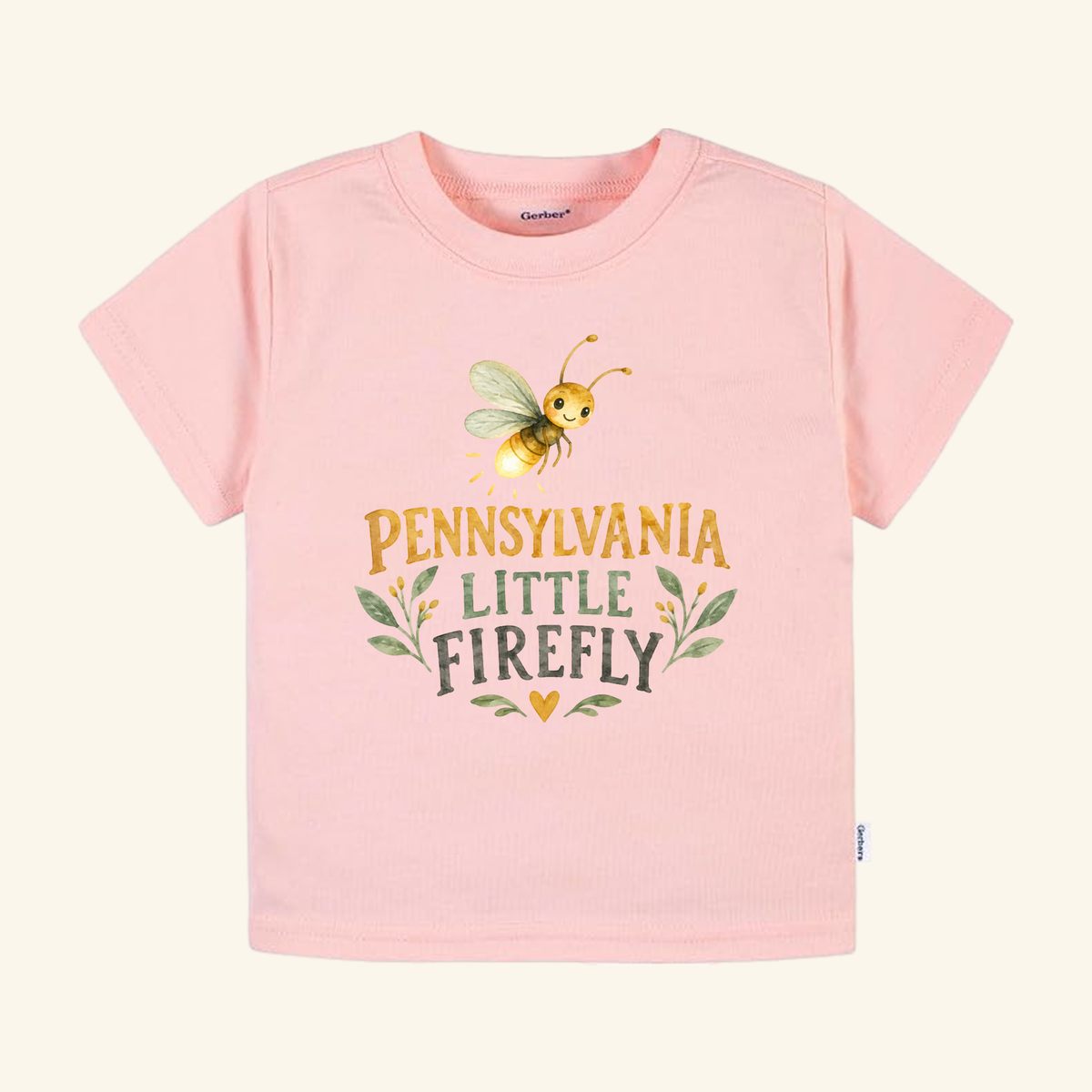 Pennsylvania Toddler Shirt – Little Firefly Watercolor Tee: a light pink toddler t-shirt featuring a watercolor firefly illustration above the text PENNSYLVANIA LITTLE FIREFLY, surrounded by leaves and a small heart.