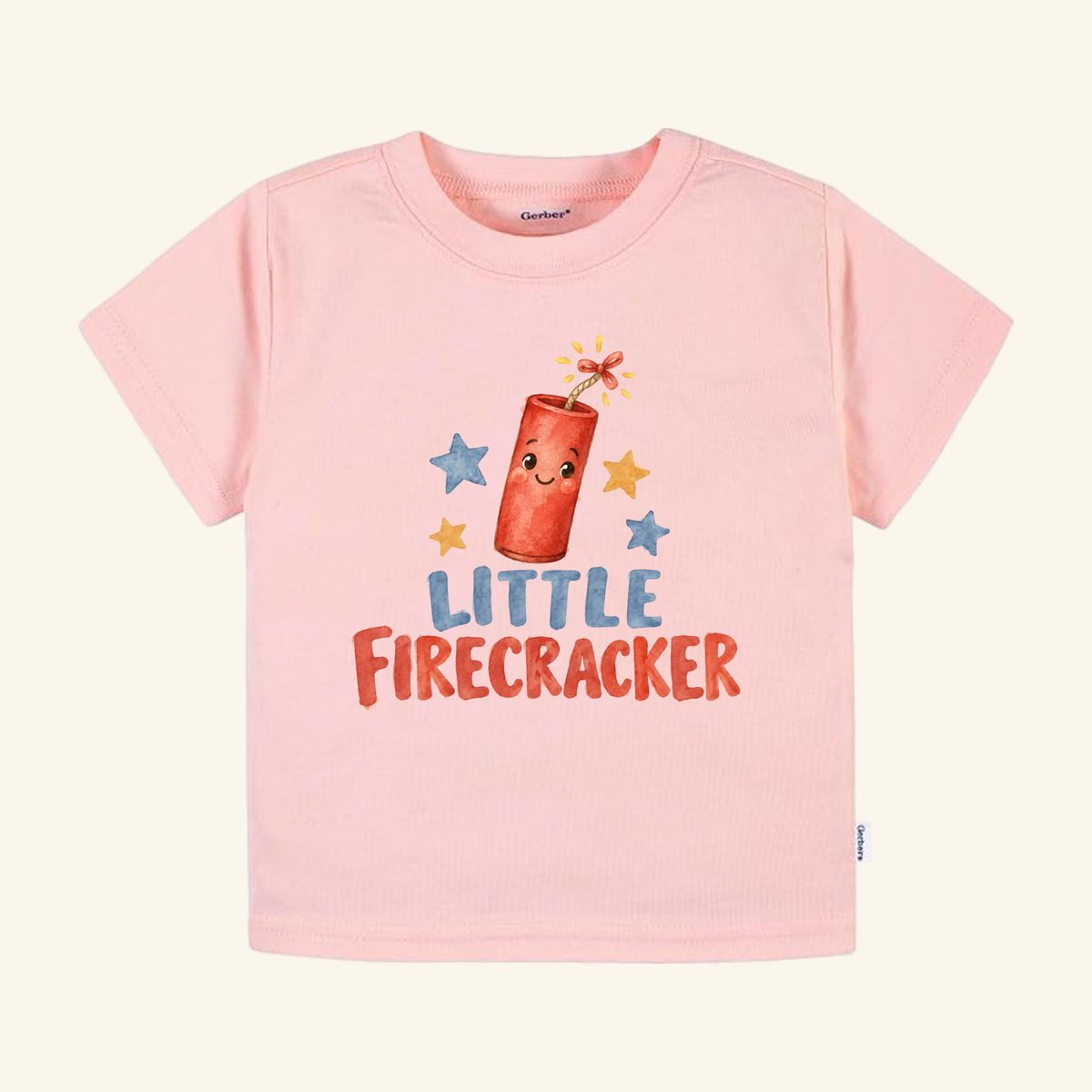 Light pink Little Firecracker Toddler Shirt featuring a graphic of a smiling firecracker surrounded by small stars.