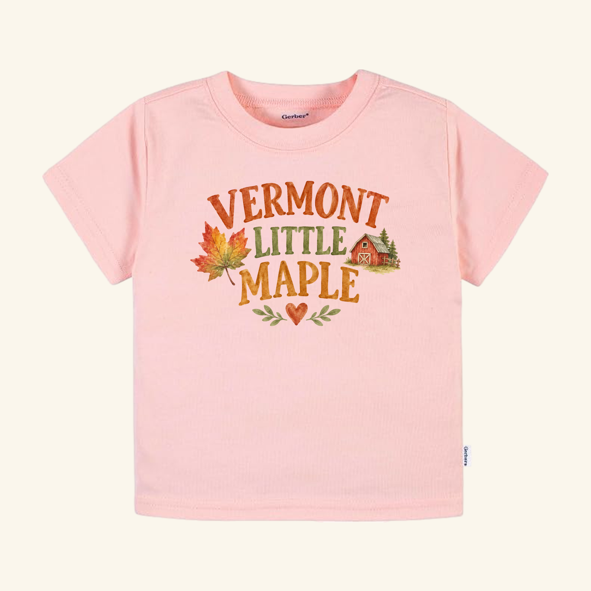 Toodleroos Vermont Toddler Shirt – Little Maple Fall Foliage Barn Tee in light pink, featuring the text Vermont Little Maple above a small red barn, a maple leaf, and a heart graphic.
