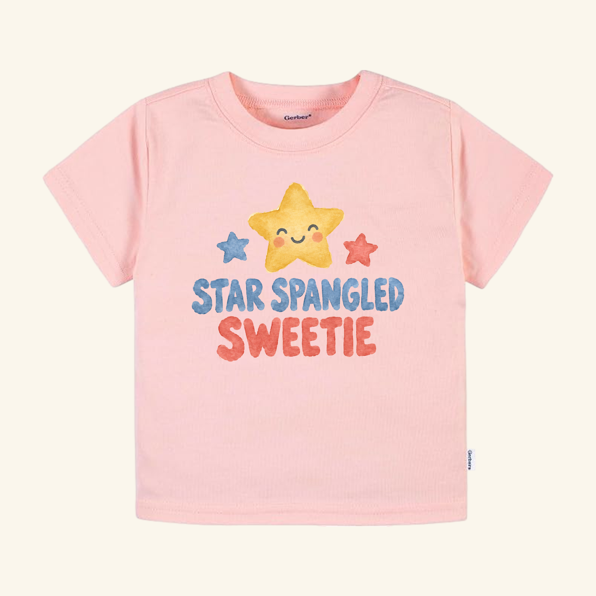 Star Spangled Sweetie Toddler Shirt – Patriotic Smiling Star Tee in light pink featuring a smiling yellow star between a small blue star and a small red star with the text STAR SPANGLED SWEETIE printed below.