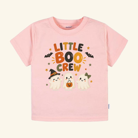Light pink Little Boo Crew Ghost Toddler Halloween Shirt featuring three cute ghosts and the text LITTLE BOO CREW.