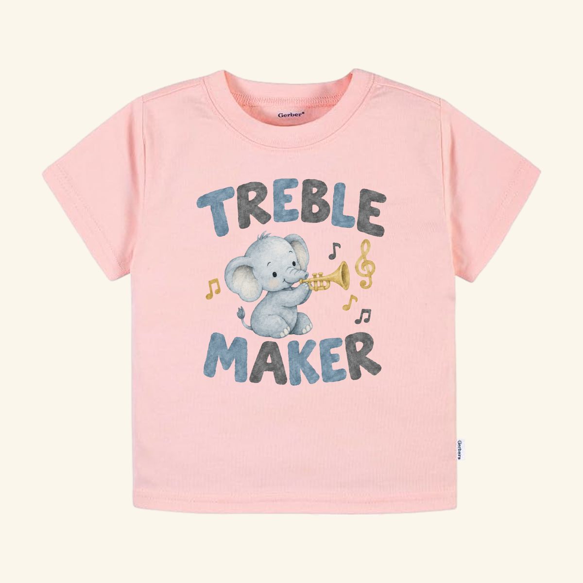 Light pink Treble Maker Toddler Shirt – Funny Elephant Trumpet Music Tee featuring a funny elephant playing a trumpet, surrounded by musical notes and the text TREBLE MAKER.