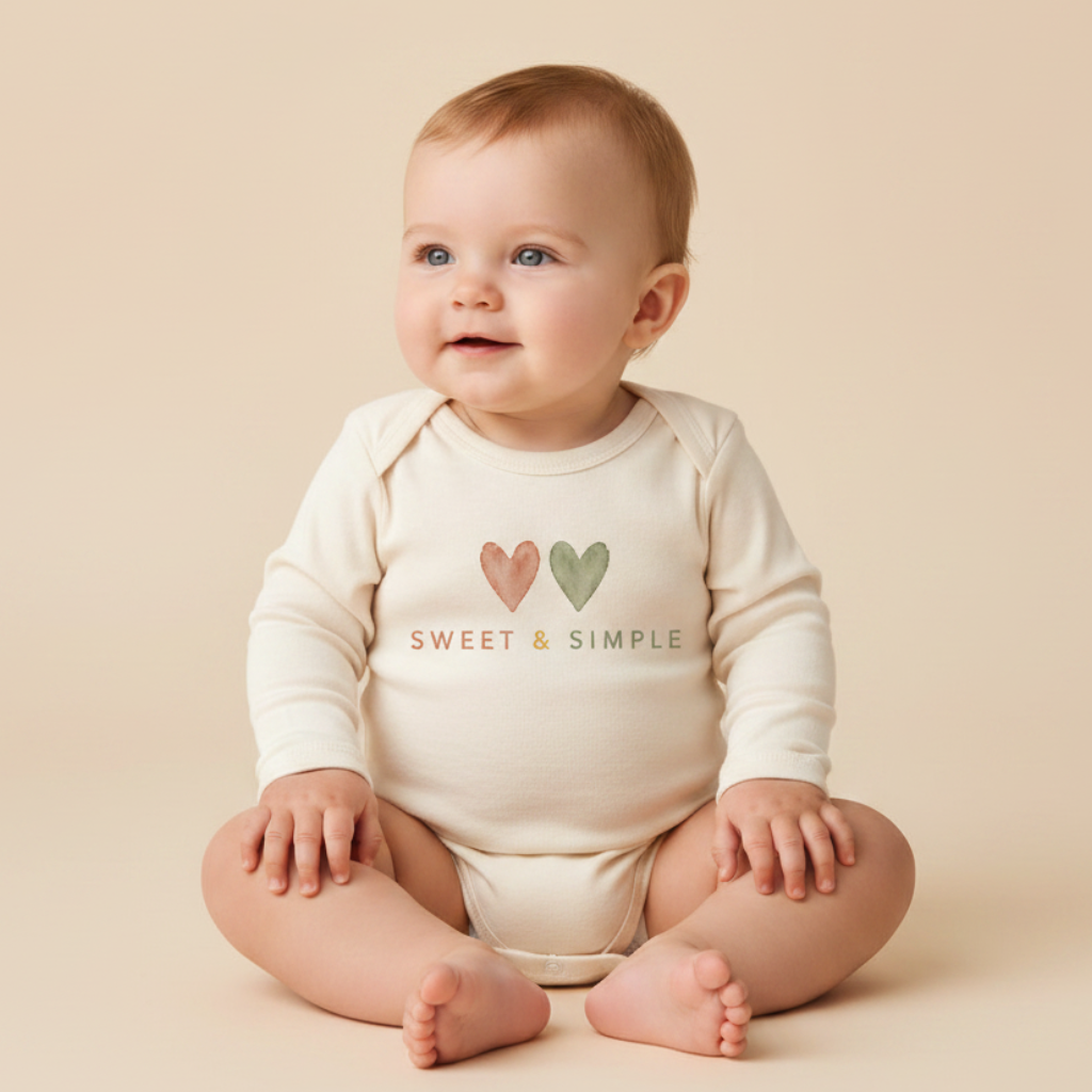 A baby sitting cross-legged wearing a cream-colored long-sleeve bodysuit with two heart graphics and the text 'SWEET & SIMPLE' on the chest, set against a solid beige background.