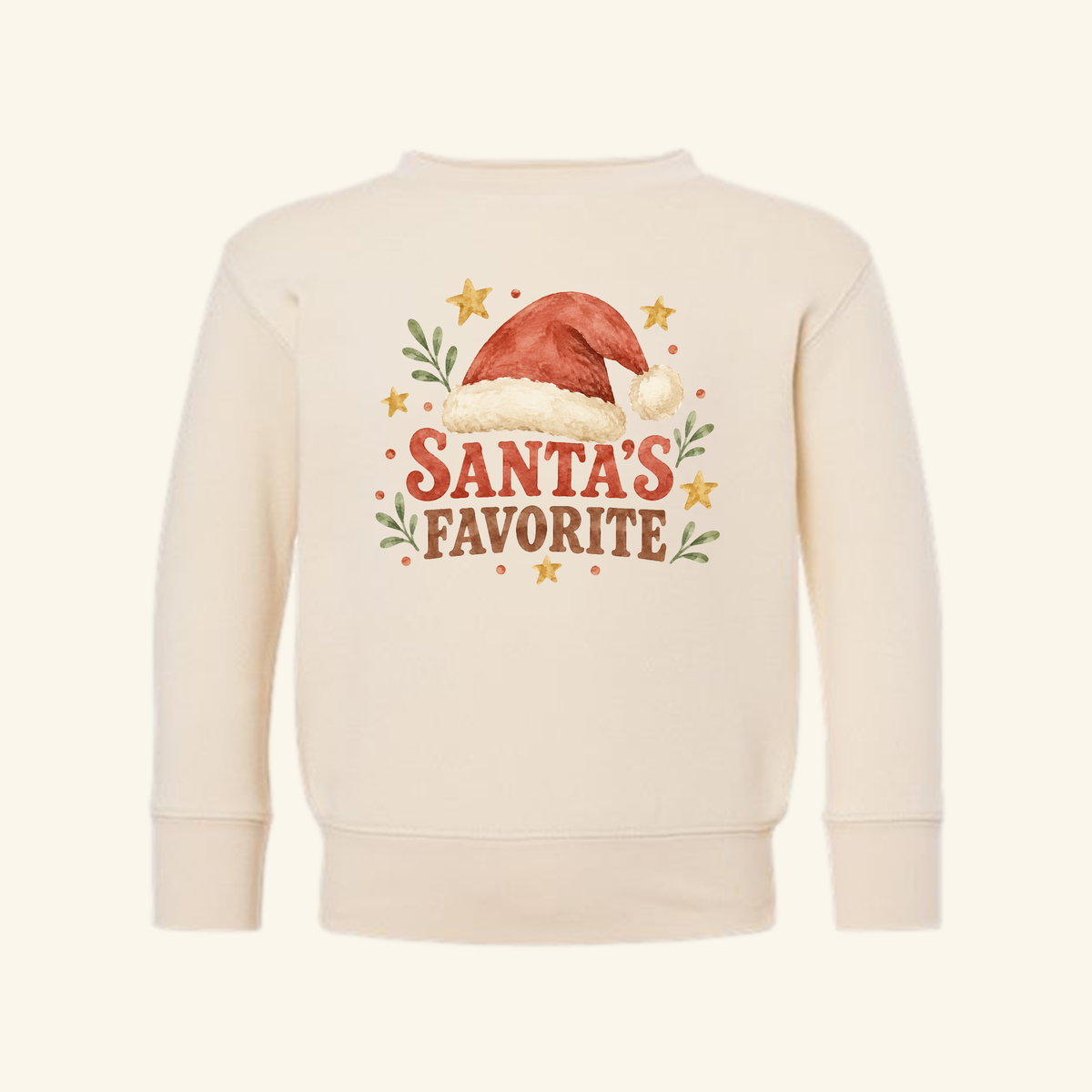 Cream-colored Santa’s Favorite Toddler Sweatshirt – Retro Christmas Santa Hat Pullover featuring a watercolor print of a retro Santa hat, stars, and the text Santa’s Favorite on the chest.
