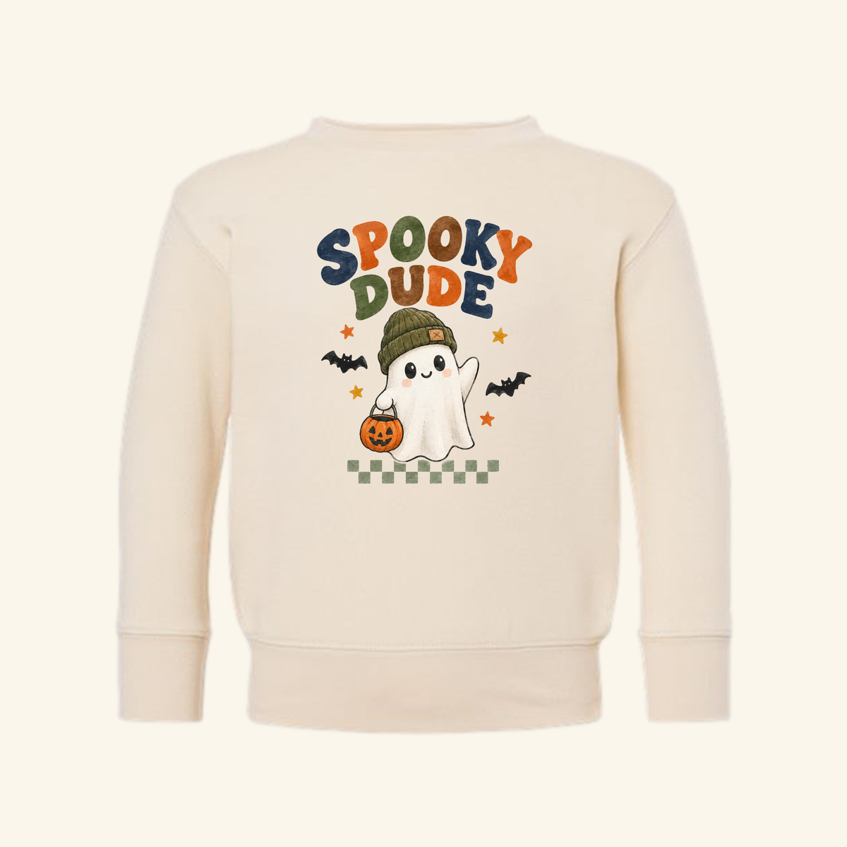 Cream-colored Spooky Dude Toddler Sweatshirt – Retro Ghost Halloween Pullover featuring a cartoon ghost in a beanie holding a jack-o-lantern, with the text SPOOKY DUDE written above it.