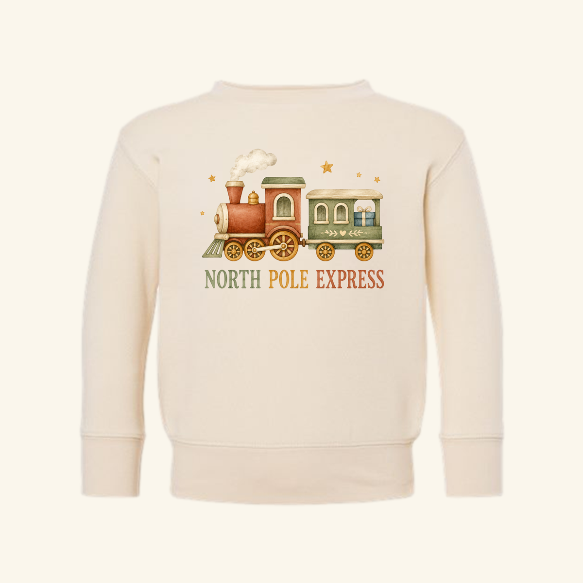 Cream-colored Toodleroos North Pole Express Toddler Sweatshirt – Vintage Christmas Train Pullover featuring a watercolor illustration of a vintage steam train with the text NORTH POLE EXPRESS underneath.