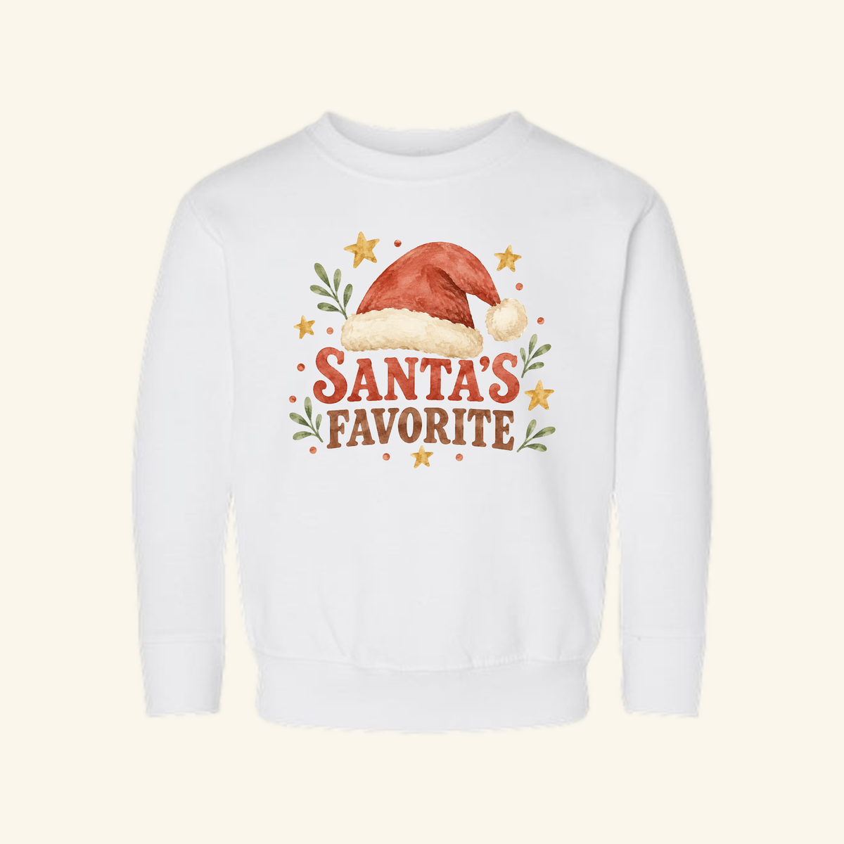 Santa’s Favorite Toddler Sweatshirt – Retro Christmas Santa Hat Pullover in white, featuring a retro Santa hat, the text Santa’s Favorite, and decorative stars and greenery.