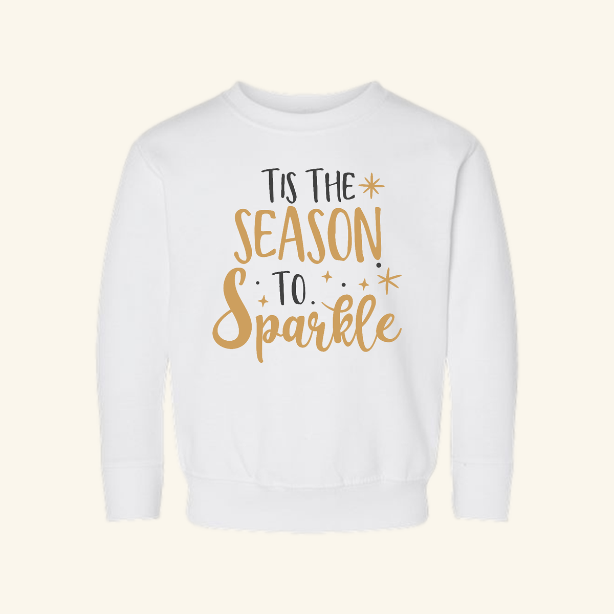 White Tis the Season to Sparkle Toddler Sweatshirt – Christmas Pullover featuring Tis the season to sparkle in black and gold lettering with star icons.