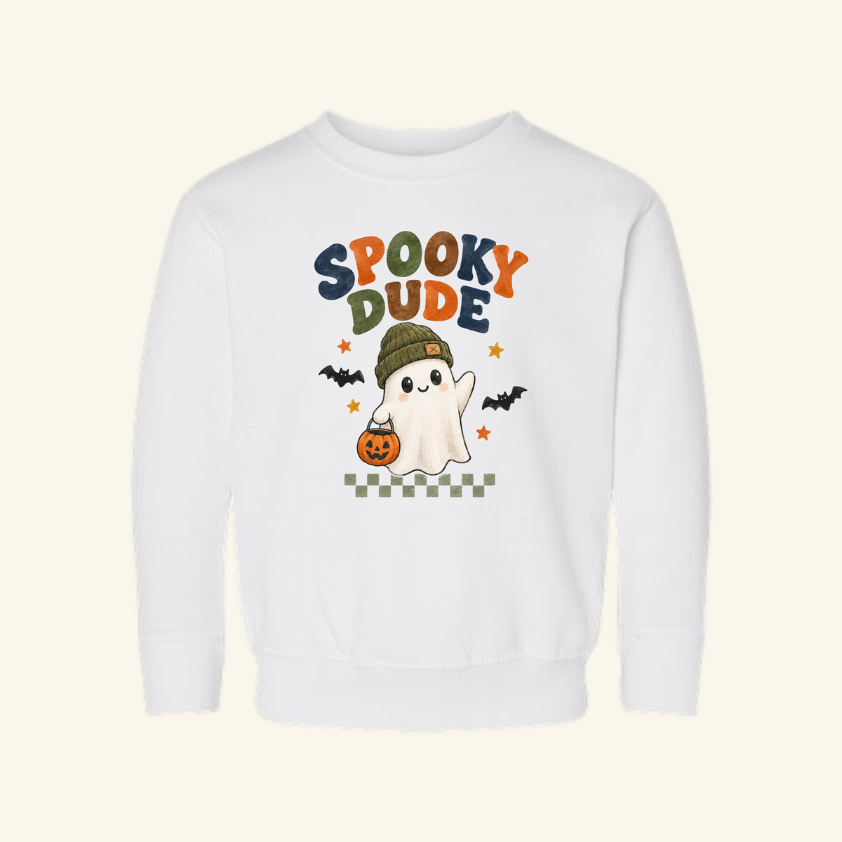 White Toodleroos Spooky Dude Toddler Sweatshirt featuring a retro graphic of a ghost wearing a beanie and holding a jack-o-lantern with the text SPOOKY DUDE above it.