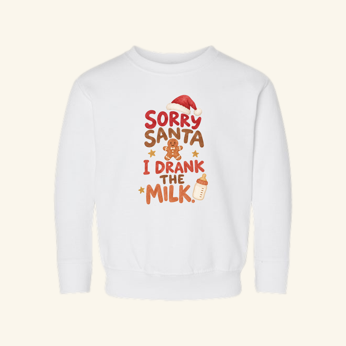 Toodleroos Sorry Santa I Drank the Milk Toddler Sweatshirt – Funny Christmas Pullover featuring a Santa hat, a gingerbread man, and a baby bottle.