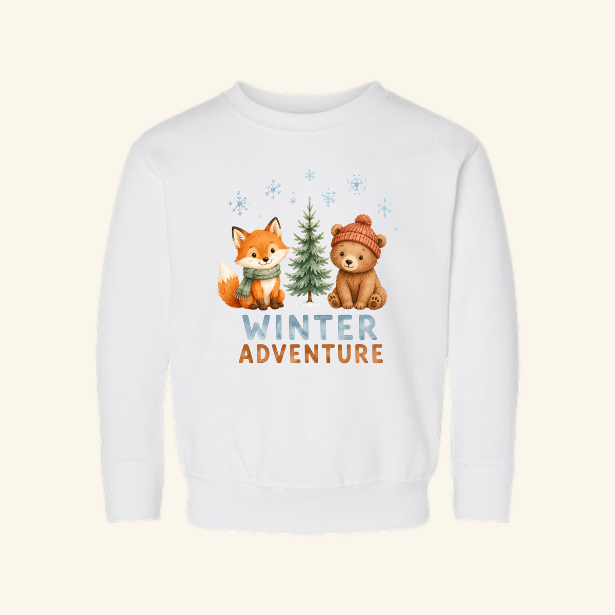 Toodleroos Winter Adventure Toddler Sweatshirt – Woodland Fox & Bear Pullover featuring a fox in a green scarf and a bear in an orange hat next to a pine tree, with WINTER ADVENTURE text below on a white background.