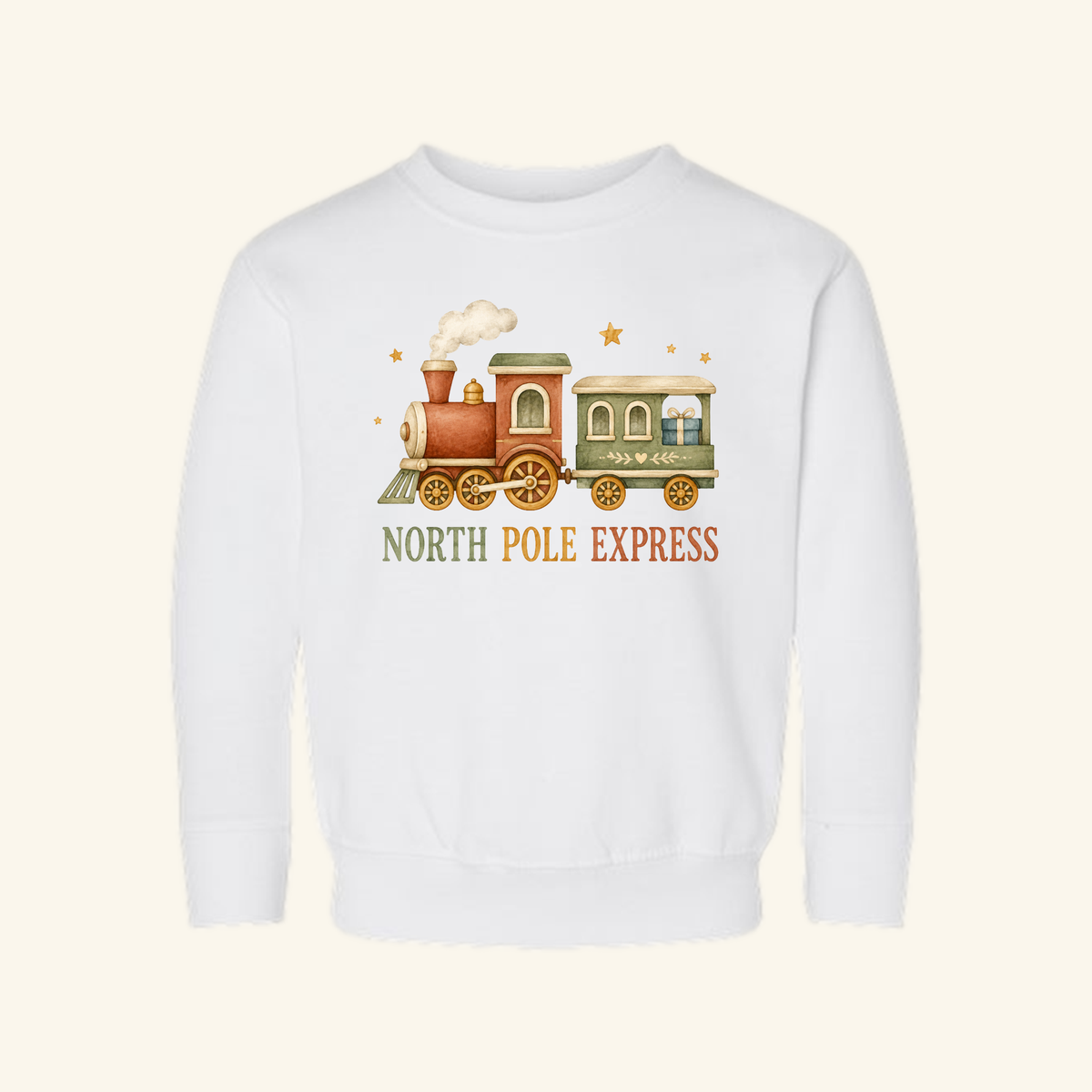 White North Pole Express Toddler Sweatshirt – Vintage Christmas Train Pullover featuring a vintage Christmas train illustration with a gift in the carriage and text underneath.