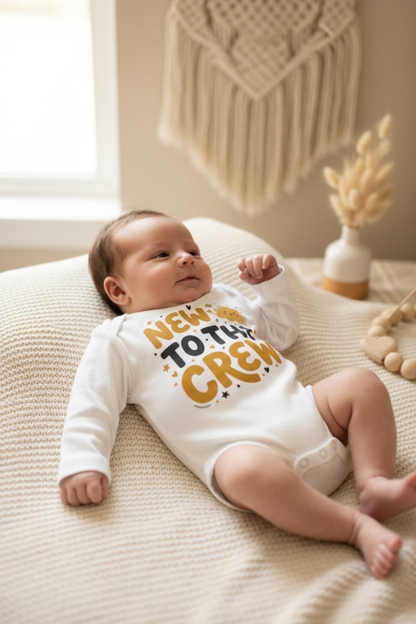 A baby lying on a cream textured blanket wearing a white long-sleeve bodysuit with a yellow and navy graphic that reads 'NEW TO THE CREW'. The background features a warm boho room setting with a macrame wall hanging and a small vase with dried grass.