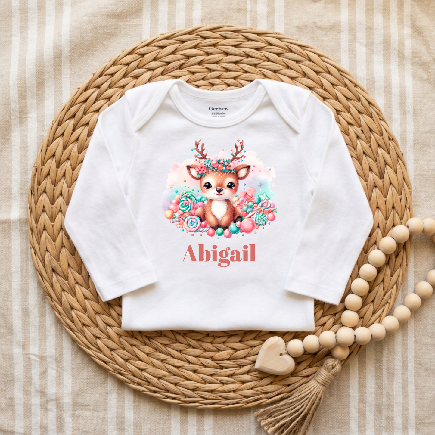 Custom Candy Deer Baby Onesie – Personalized Name Bodysuit