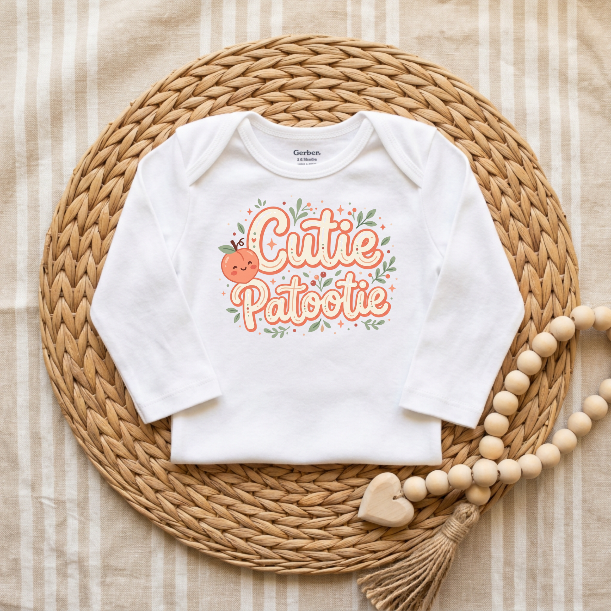 A white long-sleeve baby bodysuit with a 'Cutie Patootie' graphic, styled flat-lay on a round woven straw mat with a wooden bead garland.