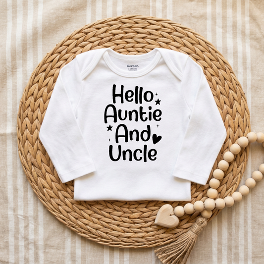 Hello Auntie and Uncle Long Sleeve Baby Onesie