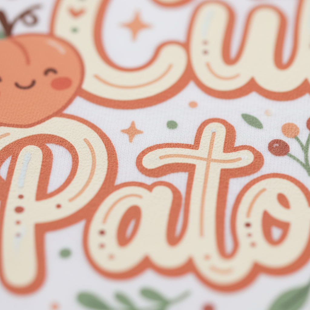 Close-up of a printed design featuring the words 'Cut Pato' in large cream-colored bubbly letters with orange outlines, decorated with a smiling orange character and small green and orange floral accents on a white background.
