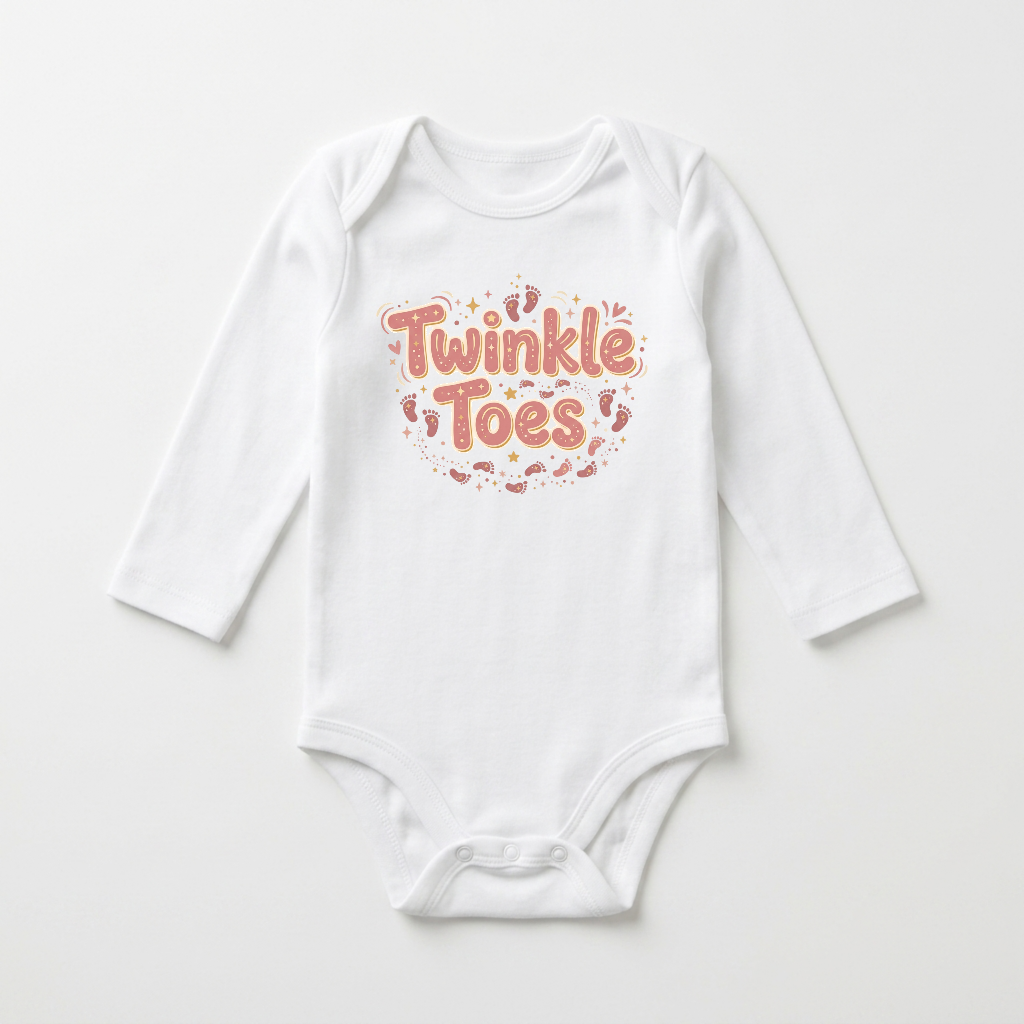 Long-Sleeve Baby Girl Onesie – Twinkle Toes Footprint Bodysuit