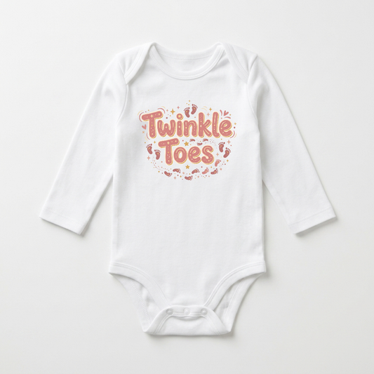 Long-Sleeve Baby Girl Onesie – Twinkle Toes Footprint Bodysuit