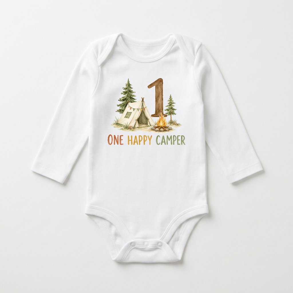 First Birthday Baby Onesie – One Happy Camper Camping Bodysuit