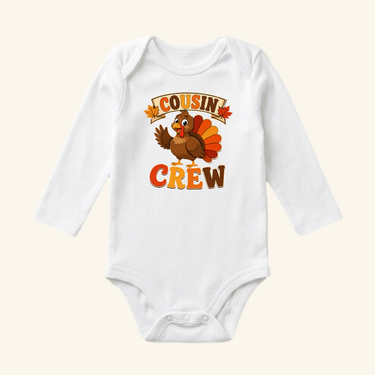 White long-sleeve Thanksgiving Cousin Baby Onesie – Cousin Crew Turkey Bodysuit featuring a cartoon turkey.