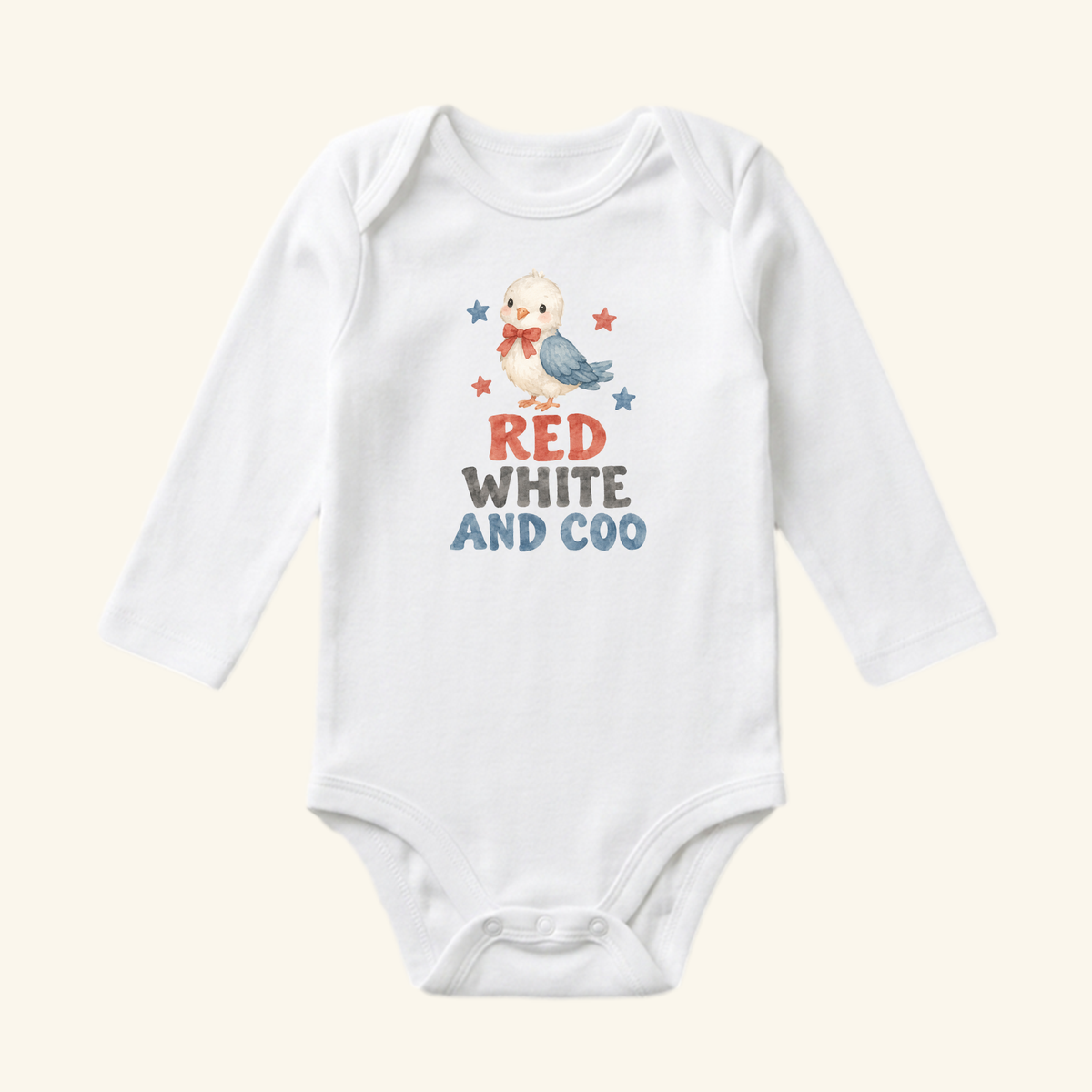 Red White and Coo Baby Onesie featuring a bird in a red bowtie surrounded by red and blue stars, with the text RED WHITE AND COO underneath.