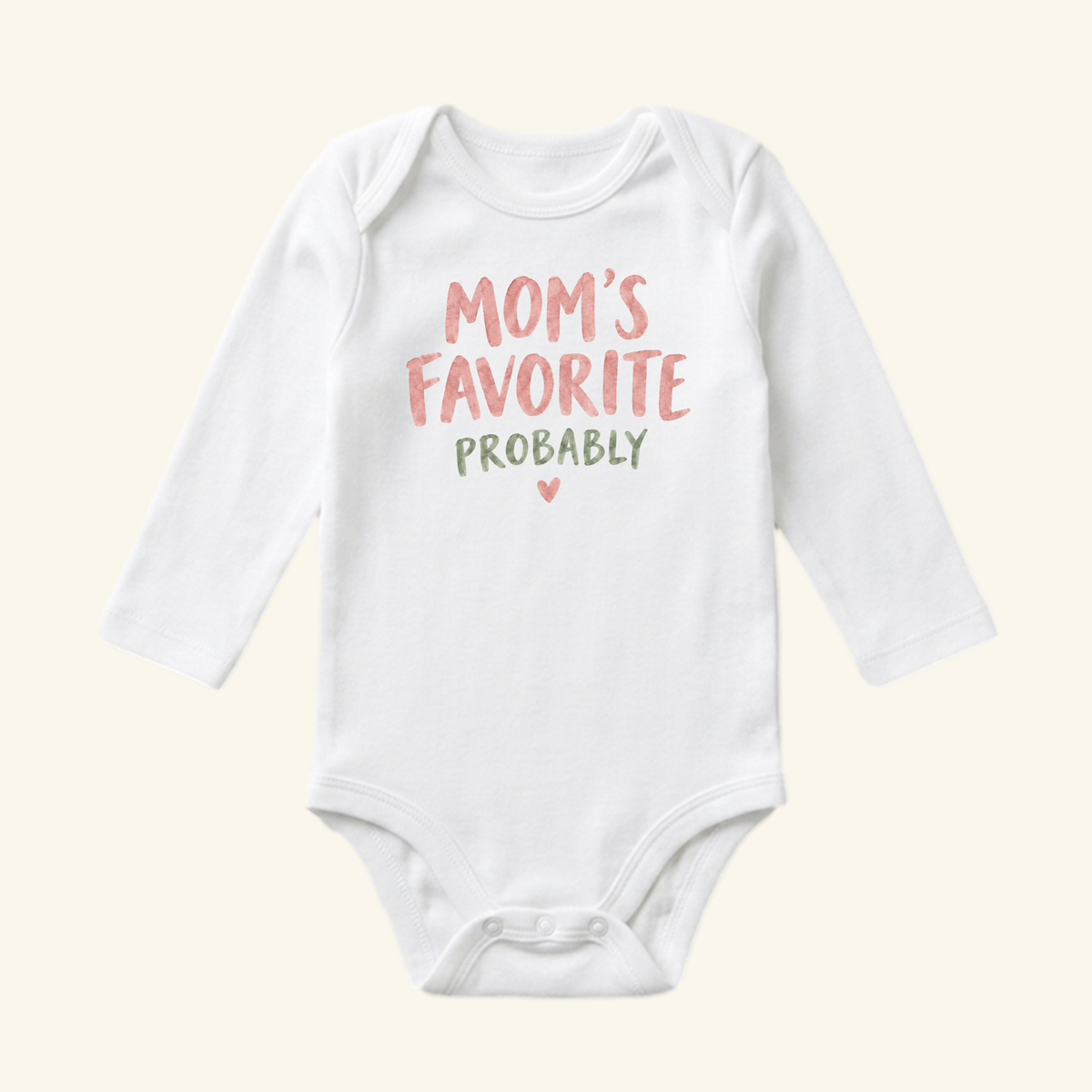 White long-sleeve Mom’s Favorite Probably Baby Onesie – Funny Mom Bodysuit with a small heart printed on the front, making for a perfect gender-neutral baby gift.