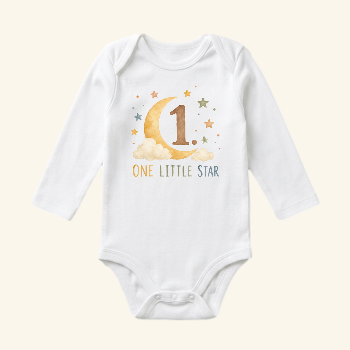 Toodleroos One Little Star 1st Birthday Baby Onesie featuring a white long-sleeve bodysuit with a watercolor-style graphic of a crescent moon, clouds, stars, the number 1, and the text ONE LITTLE STAR.