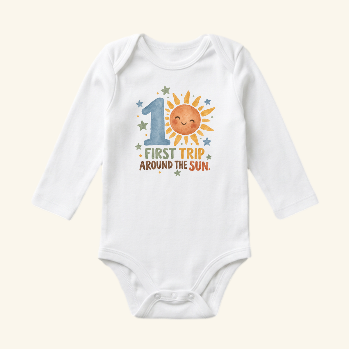 First Trip Around the Sun 1st Birthday Baby Onesie – Sunshine Bodysuit: a white long-sleeve baby bodysuit featuring a smiling sun, the number one, and the text First Trip Around the Sun.