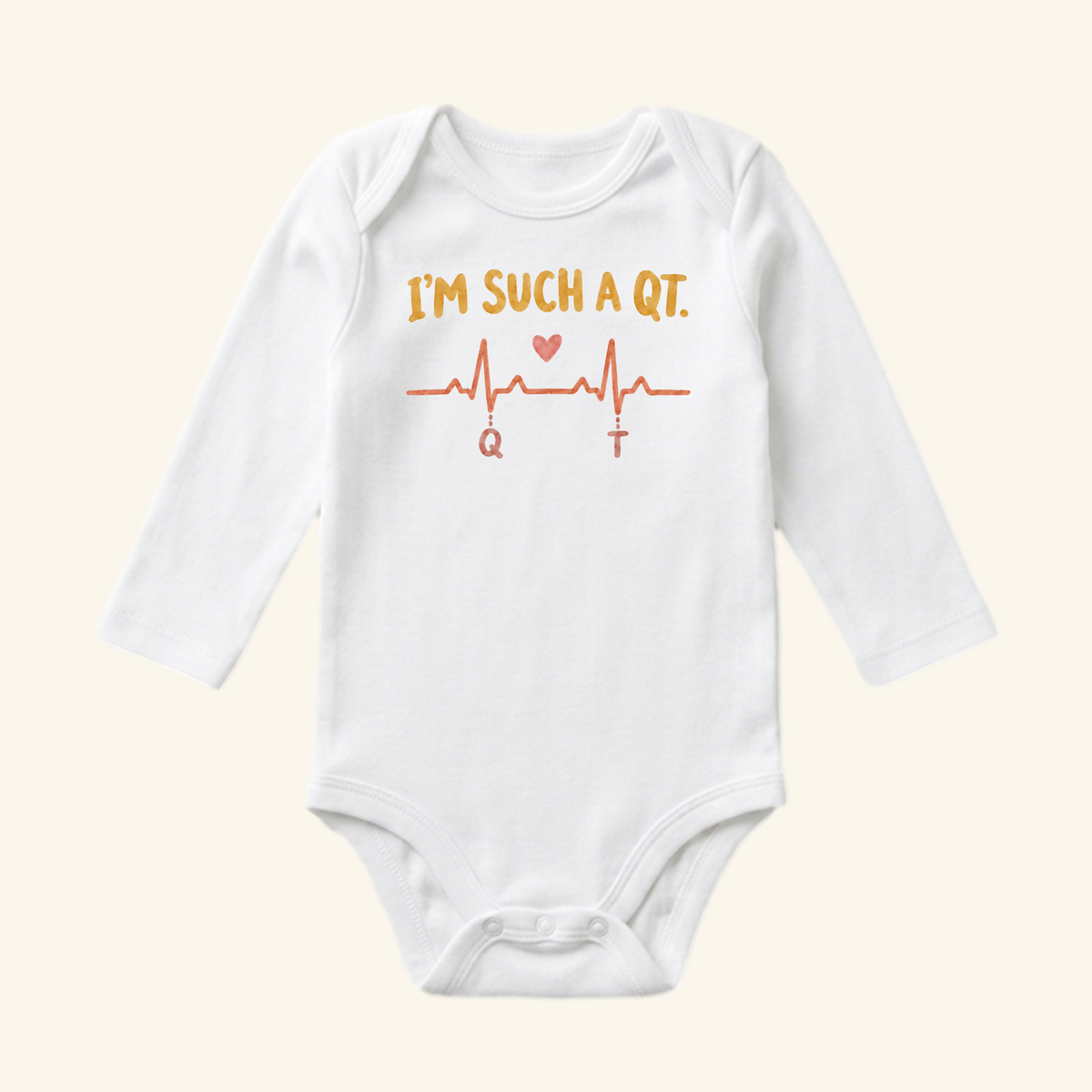 White long-sleeve I’m Such a QT Baby Onesie – Funny EKG Heartbeat Nurse Bodysuit featuring an EKG heartbeat line with a small heart.
