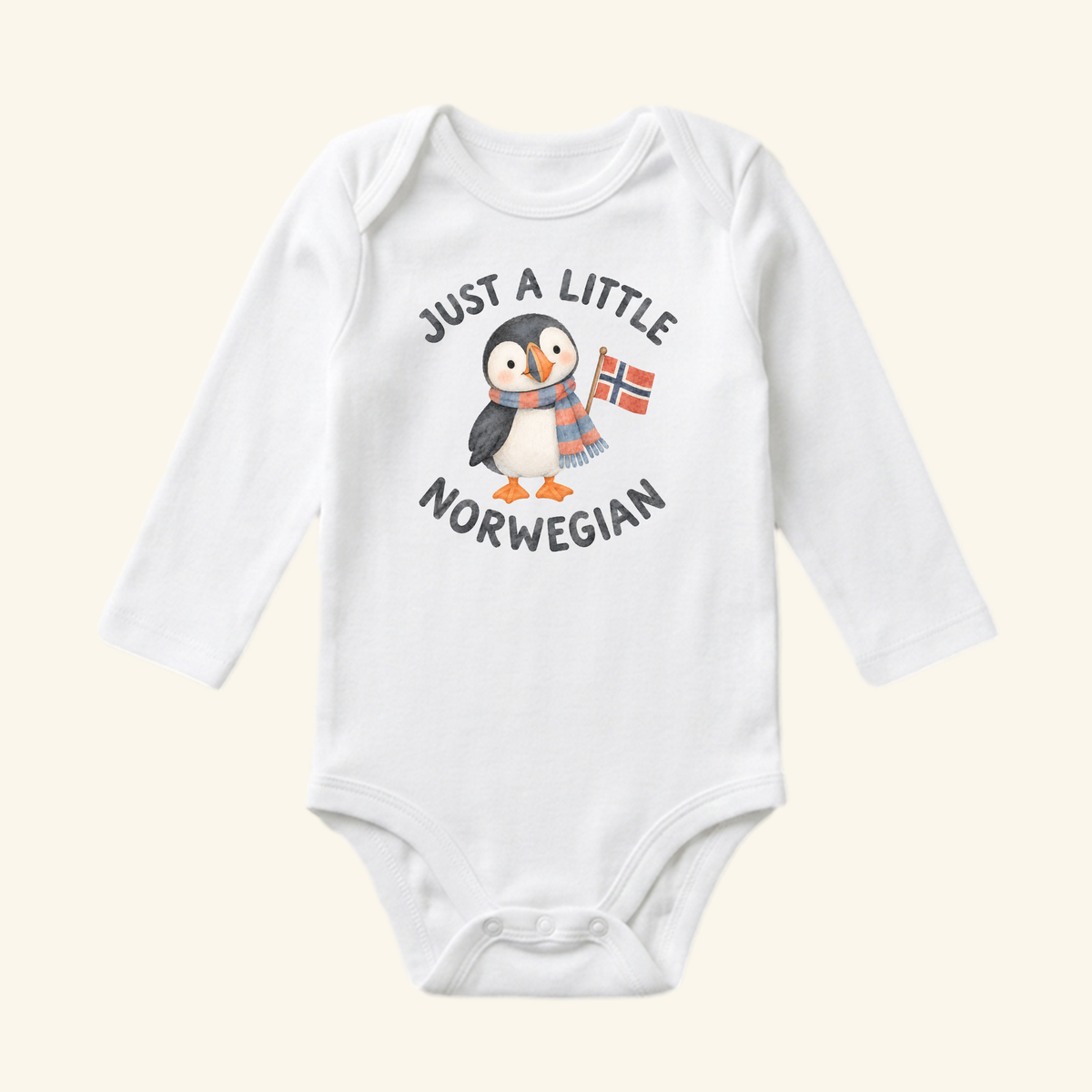 White long-sleeve Just a Little Norwegian Baby Onesie – Cute Puffin Norway Flag Bodysuit featuring a puffin wearing a scarf and holding a Norwegian flag, surrounded by the text Just a little Norwegian.
