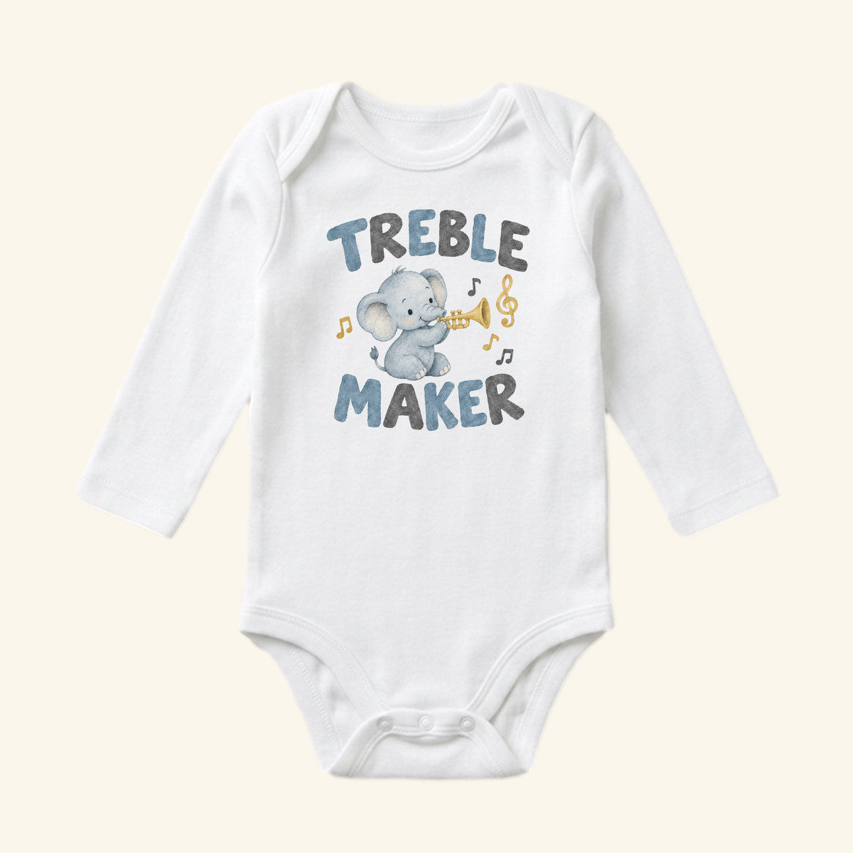 White long-sleeved Treble Maker Baby Onesie – Funny Elephant Trumpet Music Bodysuit featuring an illustration of an elephant playing a trumpet, with the text TREBLE MAKER and musical notes.